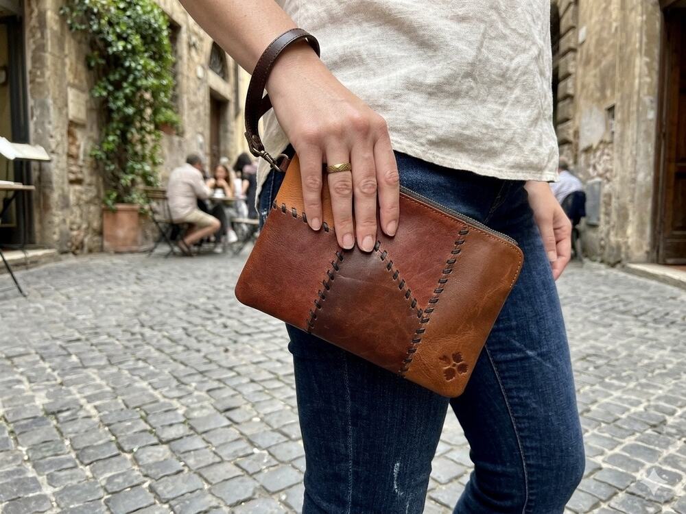 Patricia Nash Patchwork Leather Cassini Wristlet Bag Brown Tan Multi-Stitch